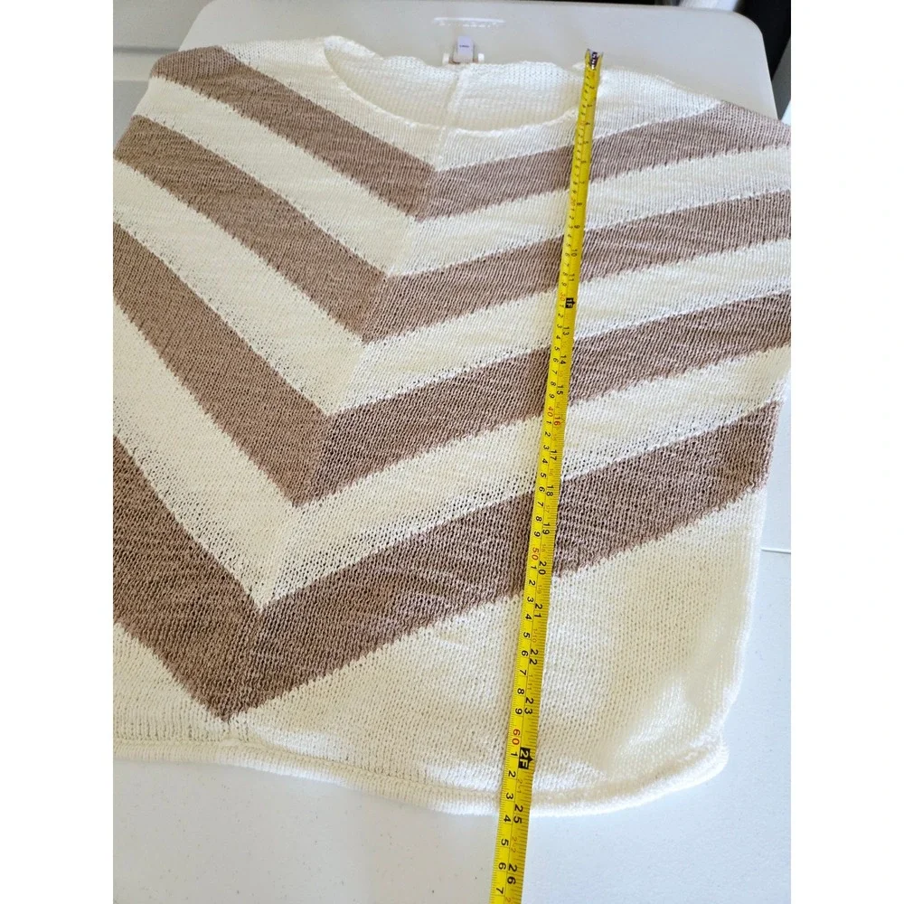 Chico's 2 Womens Chevron Stripe V-Neck Roll-Tab Sleeve‎ Sweater White Beachy